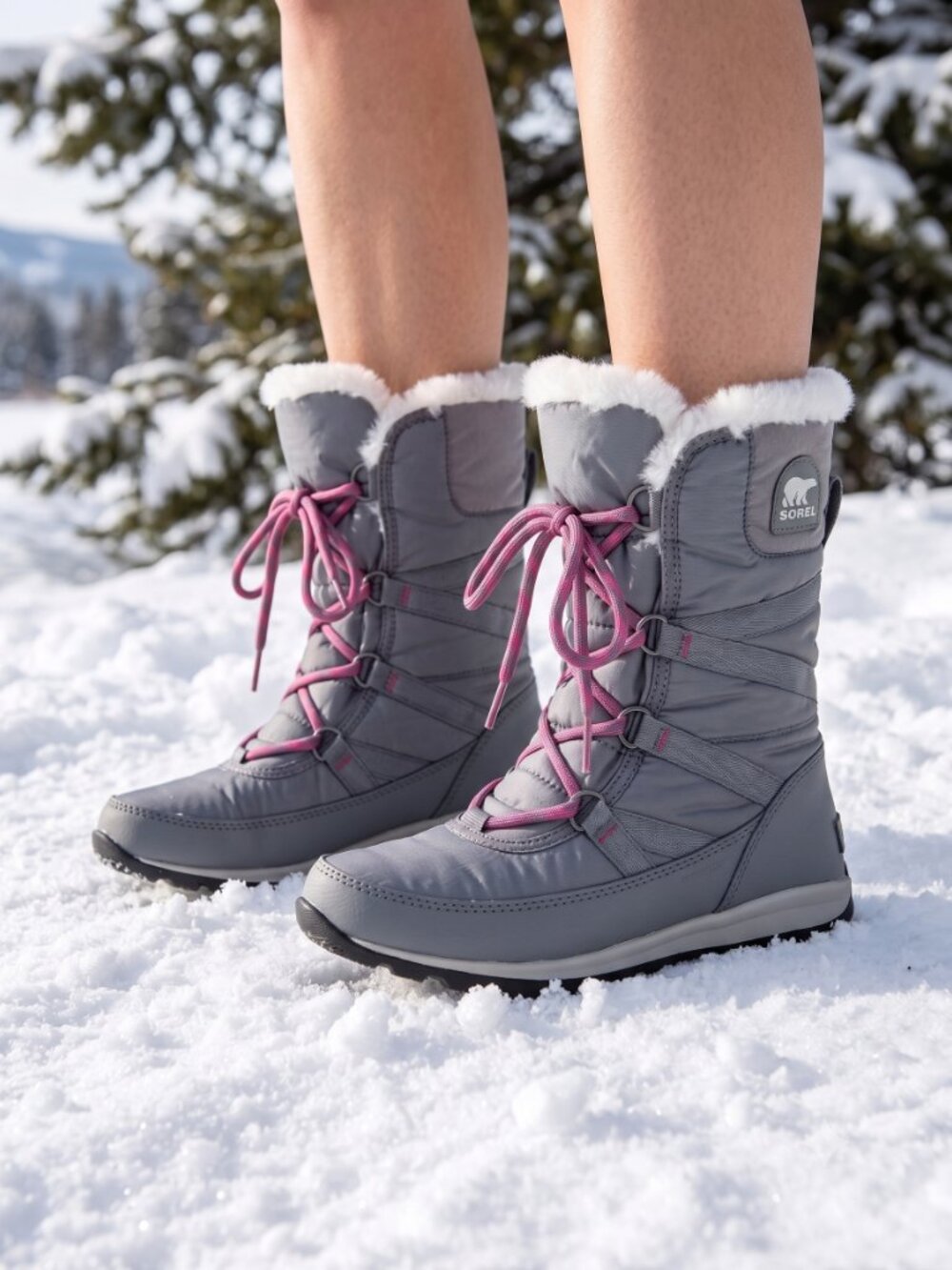 Sorel Whitney tall lace up gray pink winter boots